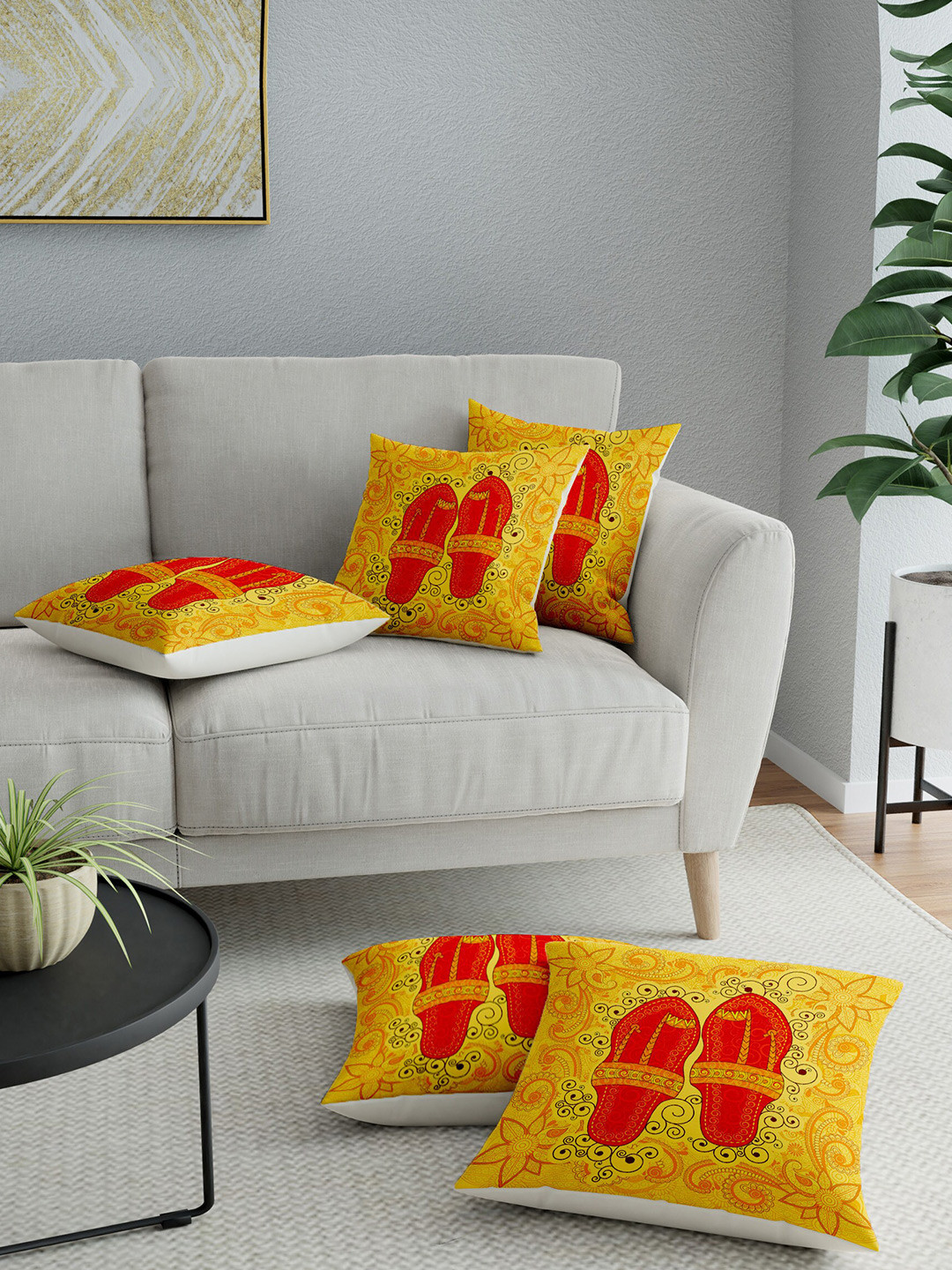 

LA VERNE Yellow & Red Set of 5 Abstract Square Cushion Covers