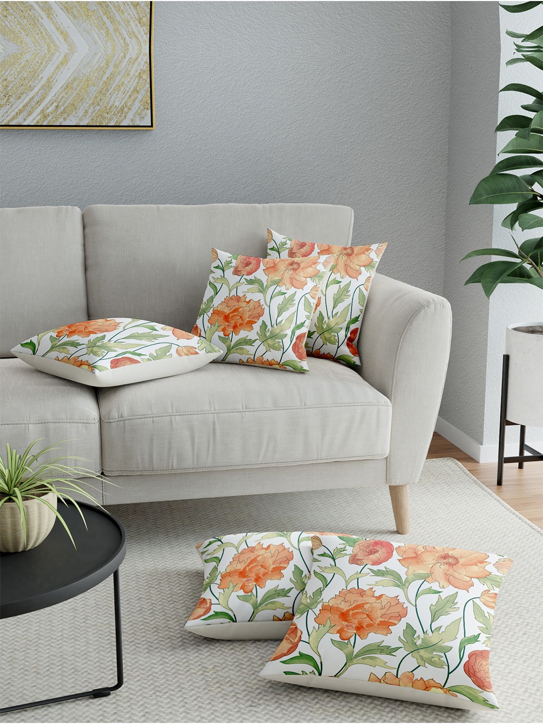 

LA VERNE White & Red Set of 5 Floral Square Cushion Covers