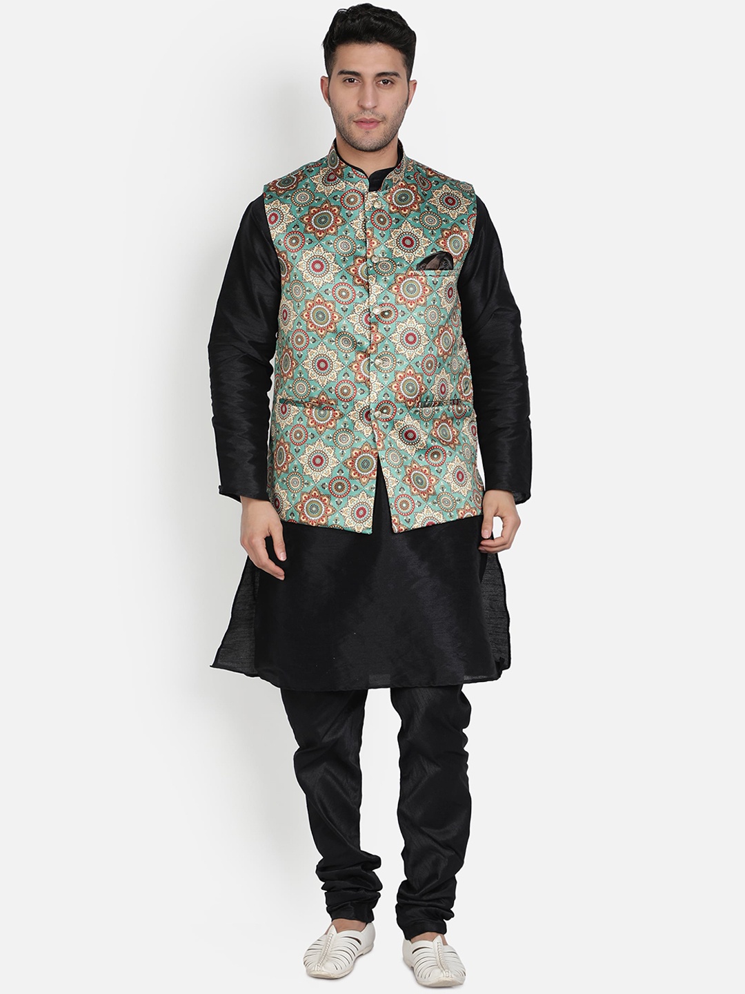 

Armaan Ethnic Men Black Dupion Silk Kurta with Churidar & With Nehru Jacket