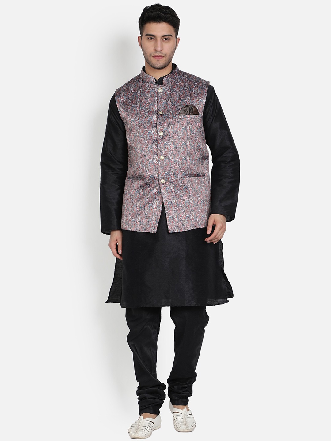 

Armaan Ethnic Men Black & Grey Layered Dupion Silk Kurta with Pyjamas & Nehru Coat