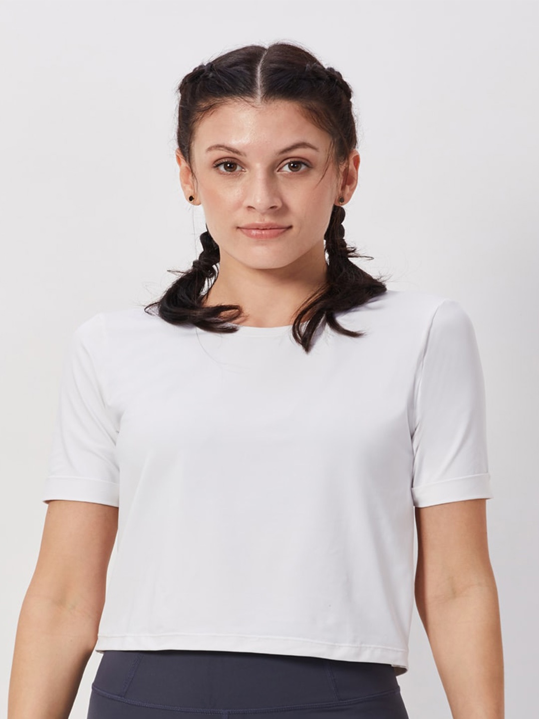 

SEEQ Women White Moisture Wicking Boxy Training or Gym T-shirt