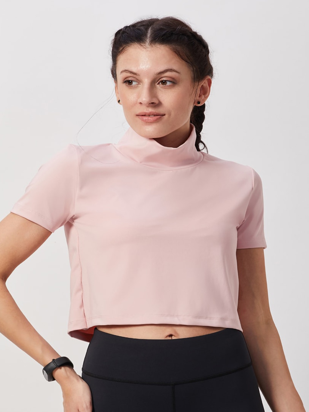 

SEEQ Women Pink High Neck Boxy Training or Gym T-shirt