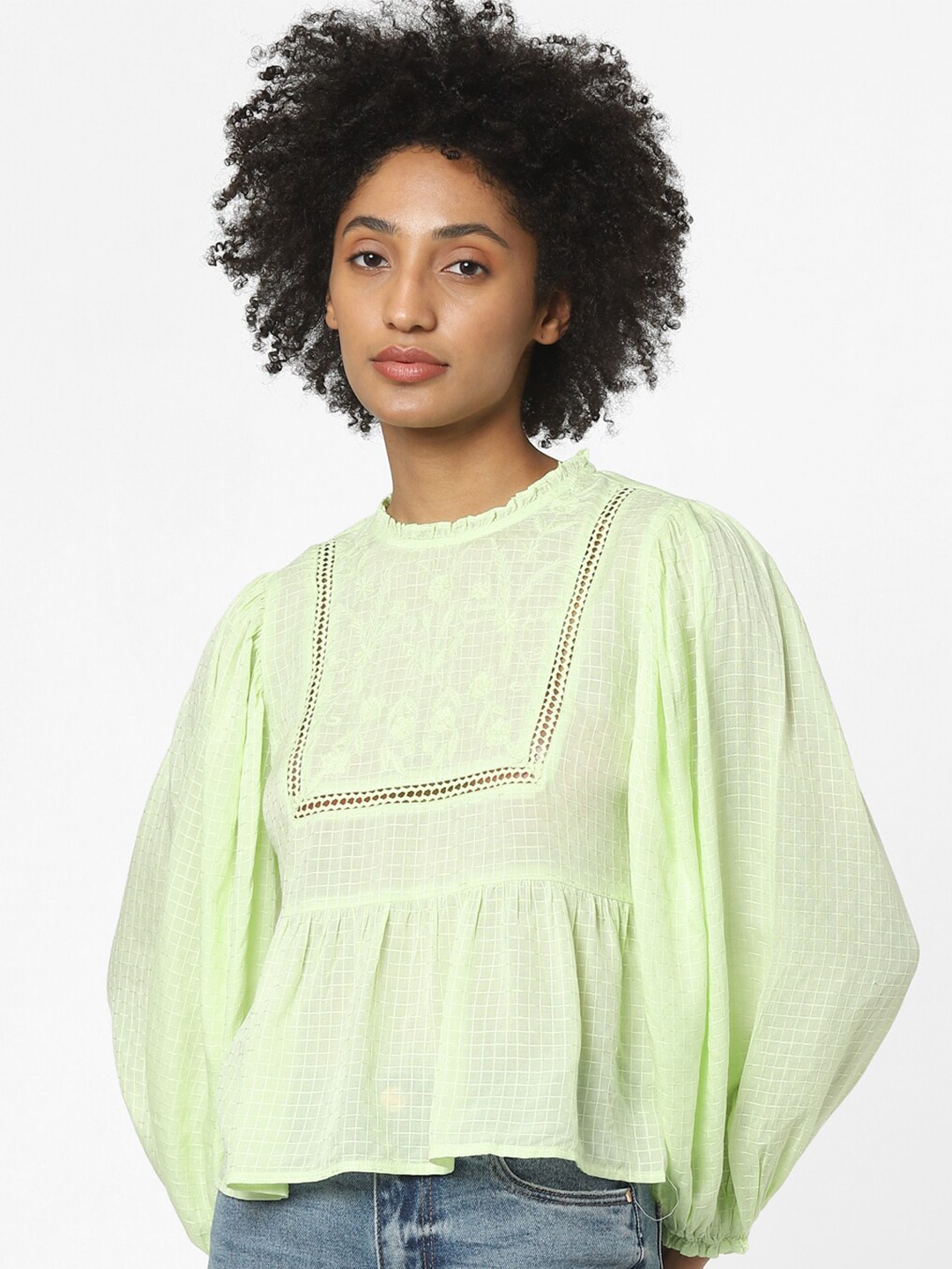 

ONLY Green Floral Embroidered Peplum Top