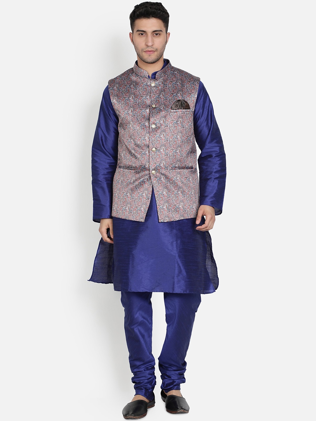 

Armaan Ethnic Men Blue & Grey Dupion Silk Kurta with Churidar