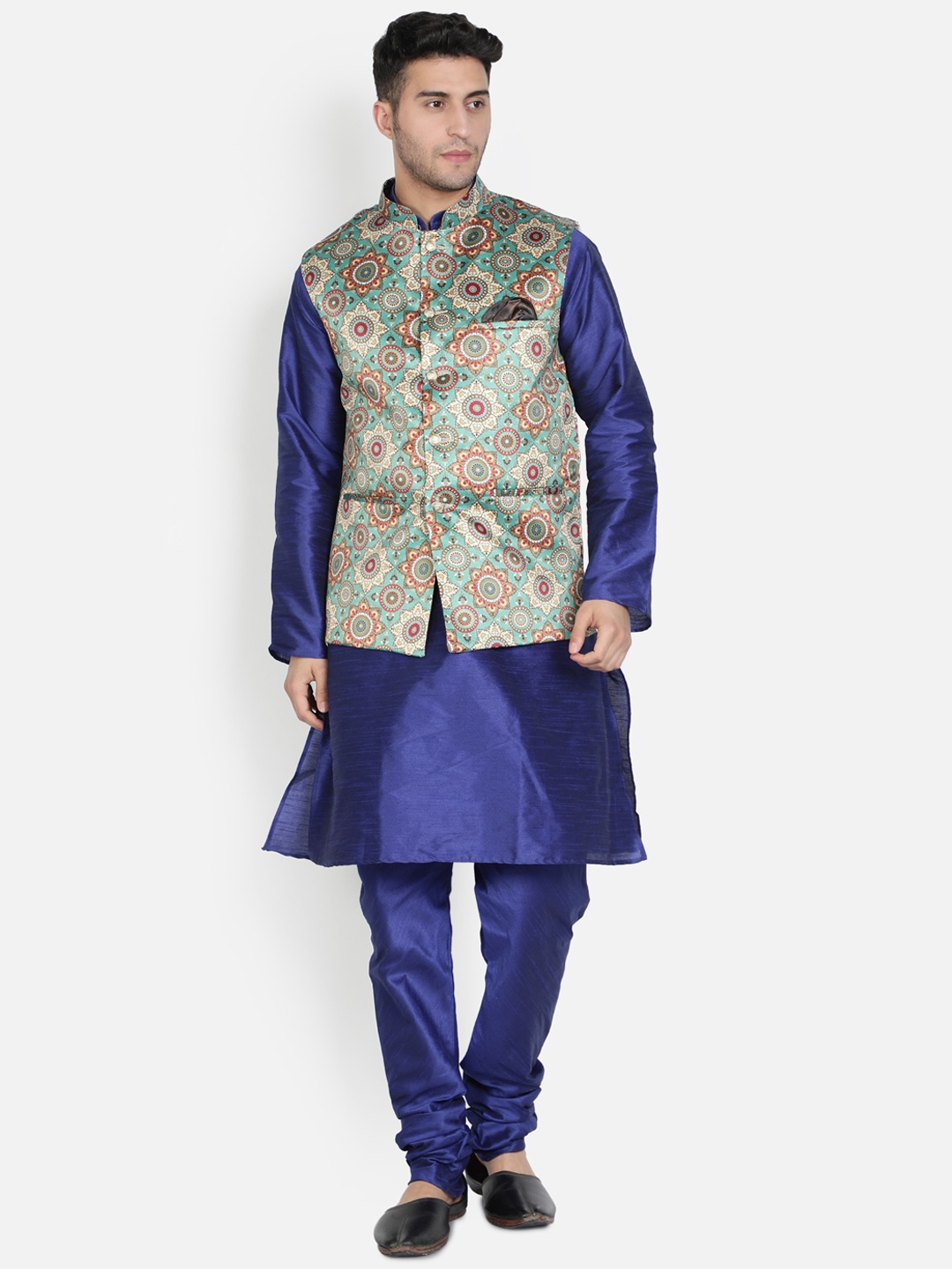 

Armaan Ethnic Men Blue Dupion Silk Kurta with Churidar & Nehru Coat