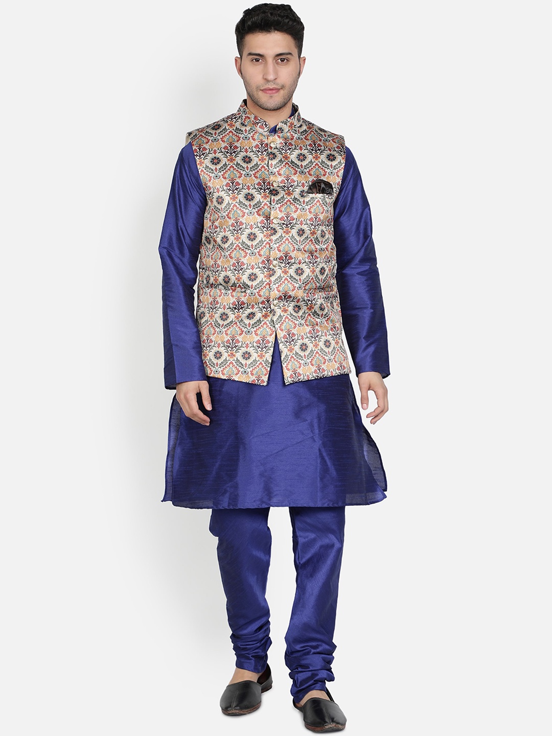 

Armaan Ethnic Men Blue Dupion Silk Kurta with Pyjama & With Printed Nehru Jacket