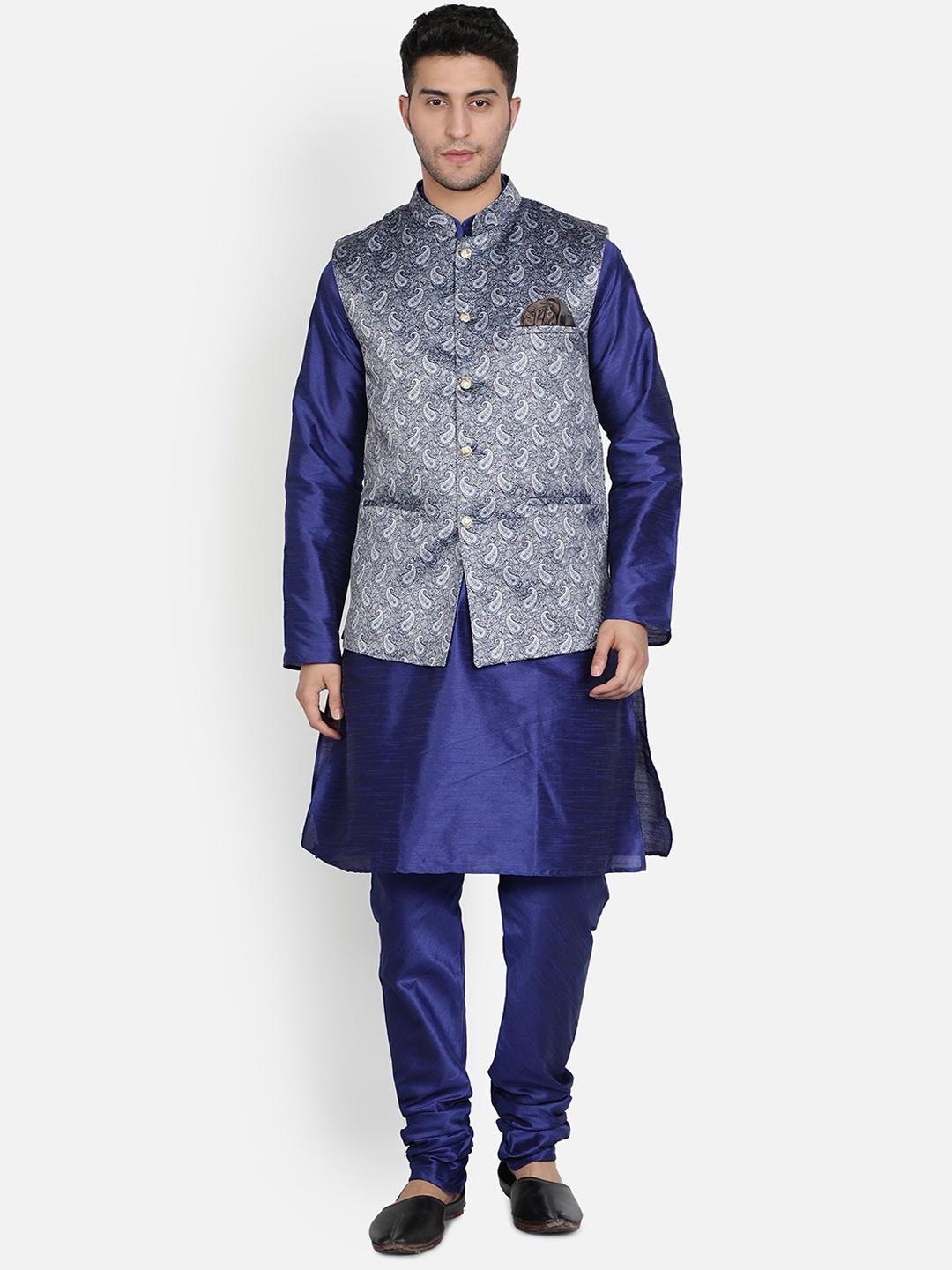 

Armaan Ethnic Men Blue & Grey Layered Dupion Silk Kurta with Pyjamas & Nehru Coat