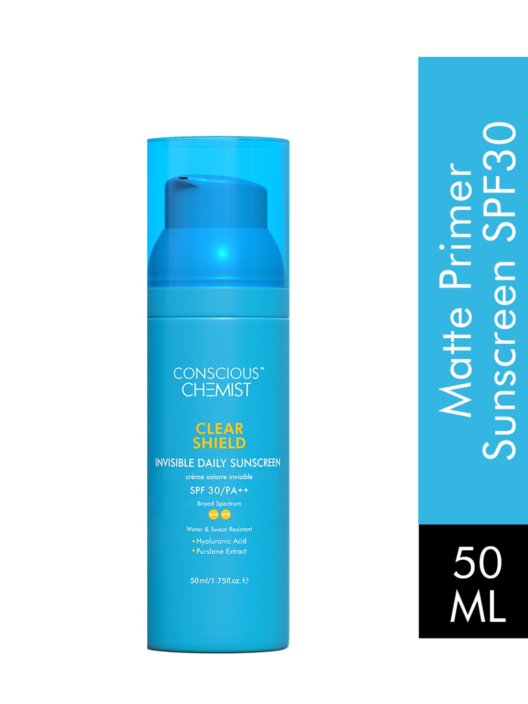 

Conscious Chemist Clear Shield Transparent Matte Sunscreen SPF30 PA+++ 50ml, Blue