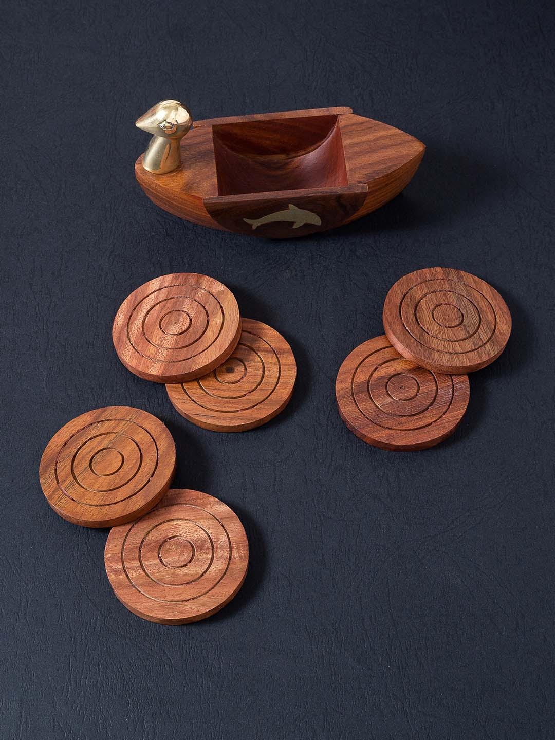 

Golden Peacock Set Of 6 Brown Solid Wooden Coasters With Duck Shaped Holder