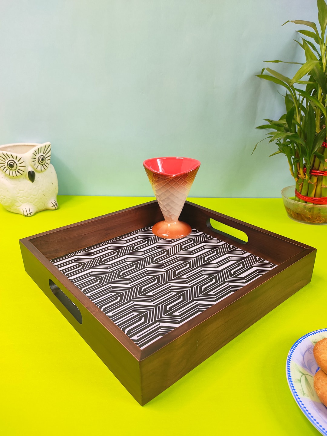 

CRAYTON Brown and White Printed Wood Square Multipurpose Serving Tray - Small