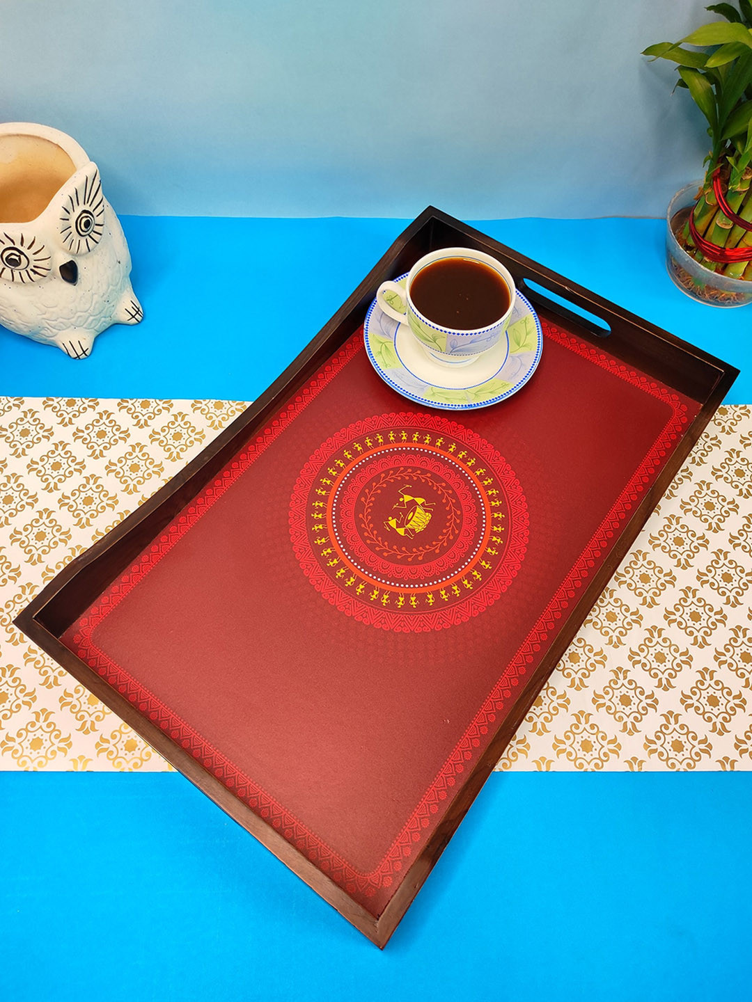 

CRAYTON Red & Brown Printed Wooden Rectangle Multipurpose Serving Tray
