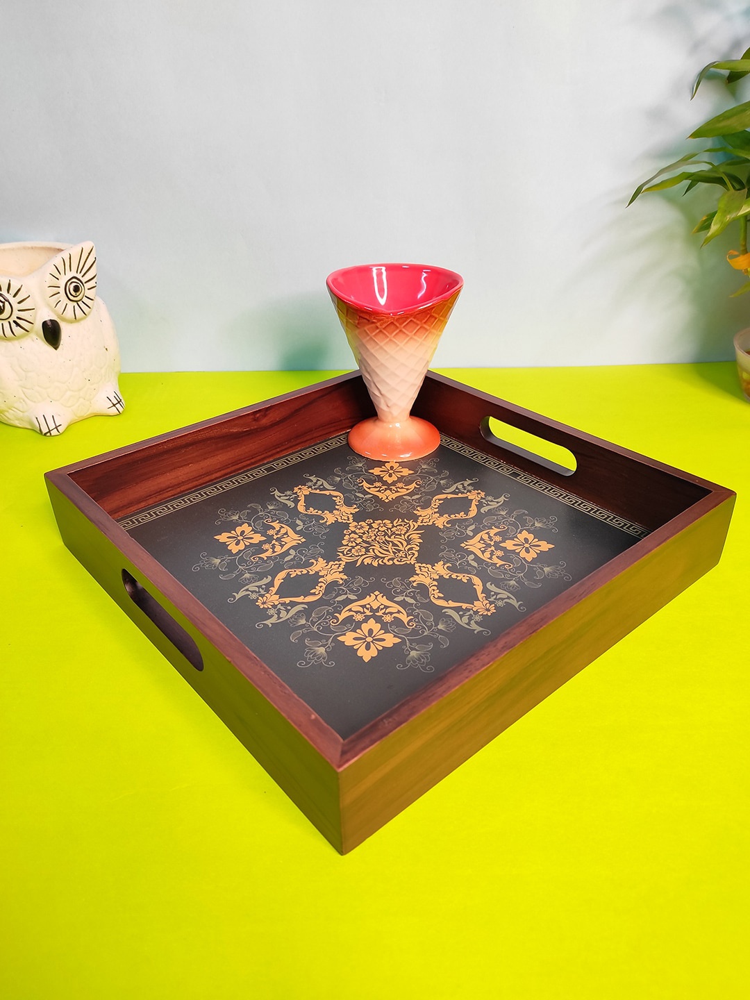 

CRAYTON Green & Maroon Mughal Inspired Art Printed Serving Tray