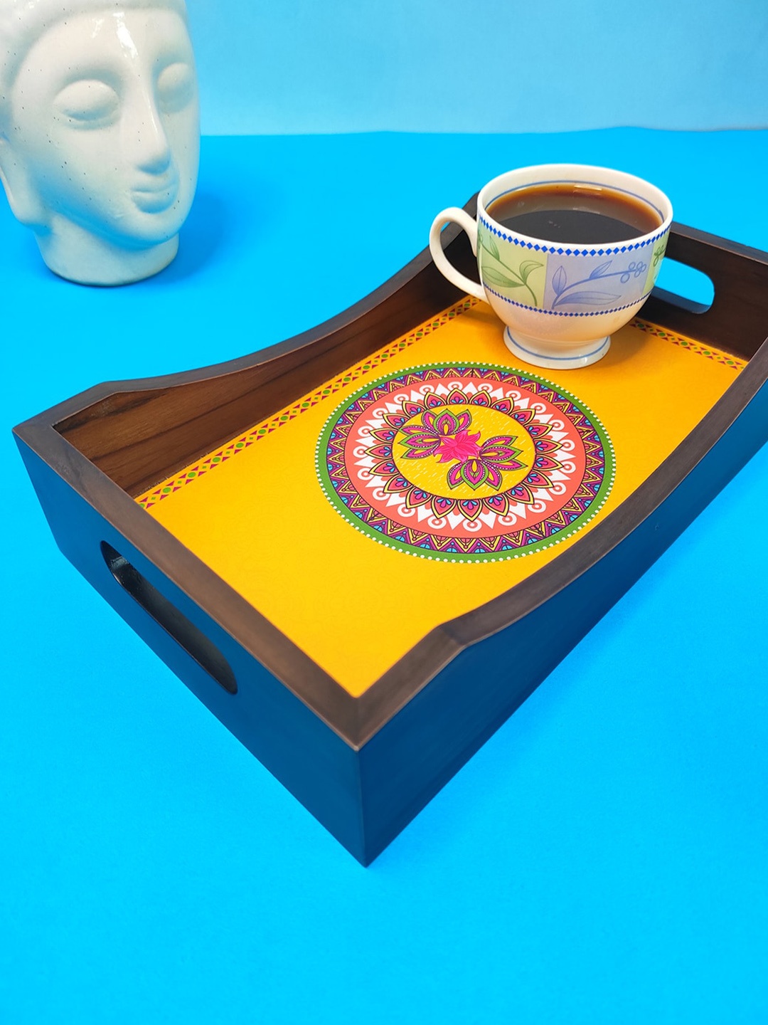 

CRAYTON Yellow & Pink Madhubani Printed Rectangular Wooden Serving Tray, Bronze