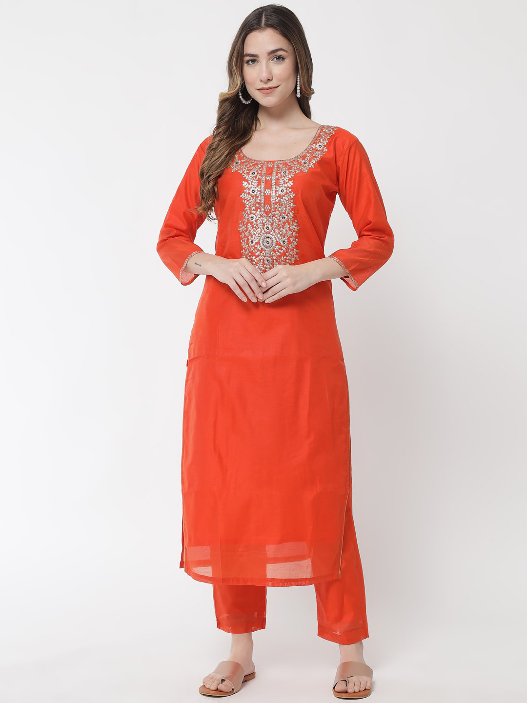 

Aujjessa Women Orange Thread Work Chanderi Silk Kurta with Trousers