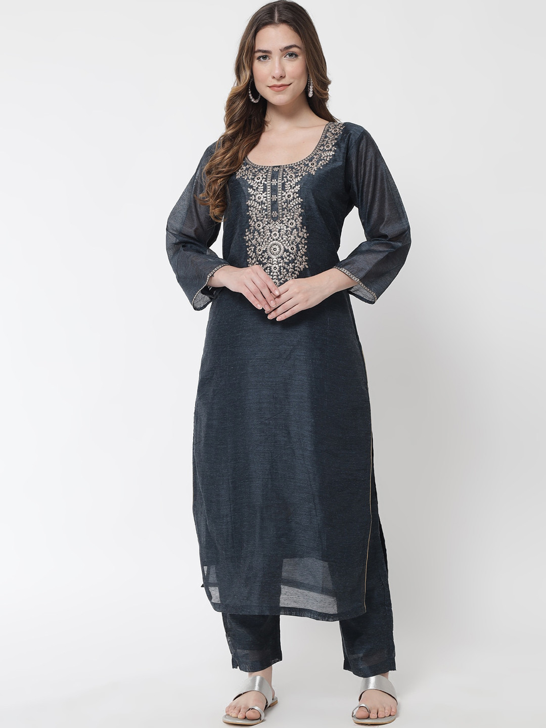 

Aujjessa Women Grey & Silver Floral Thread Work Chanderi Silk Kurti with Trousers