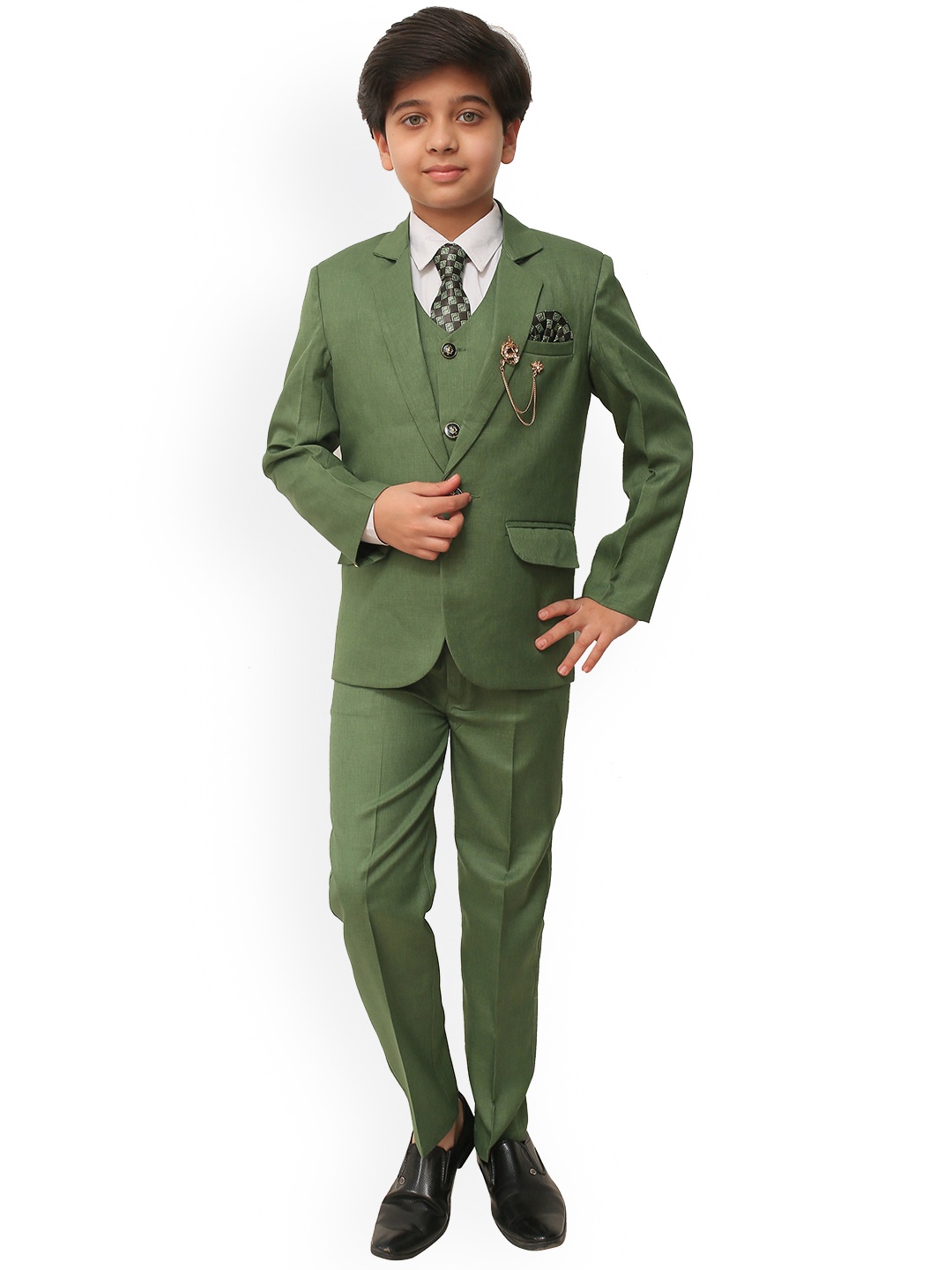 

ahhaaaa Boys Olive-Green & White Solid Single-Breasted 5-Piece Suit