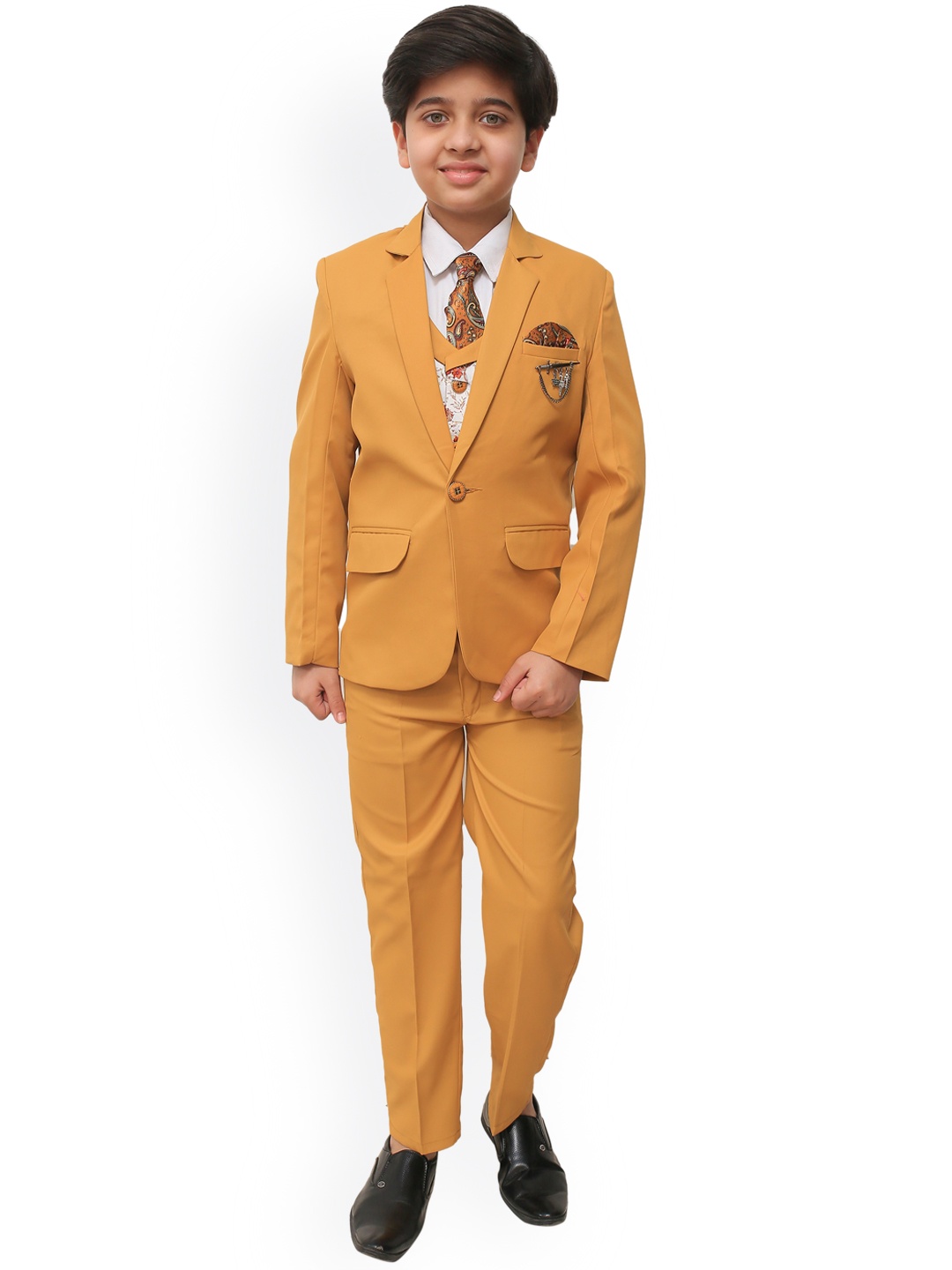 

ahhaaaa Boys Mustard-Yellow & White 5-Piece Single-Breasted Suit