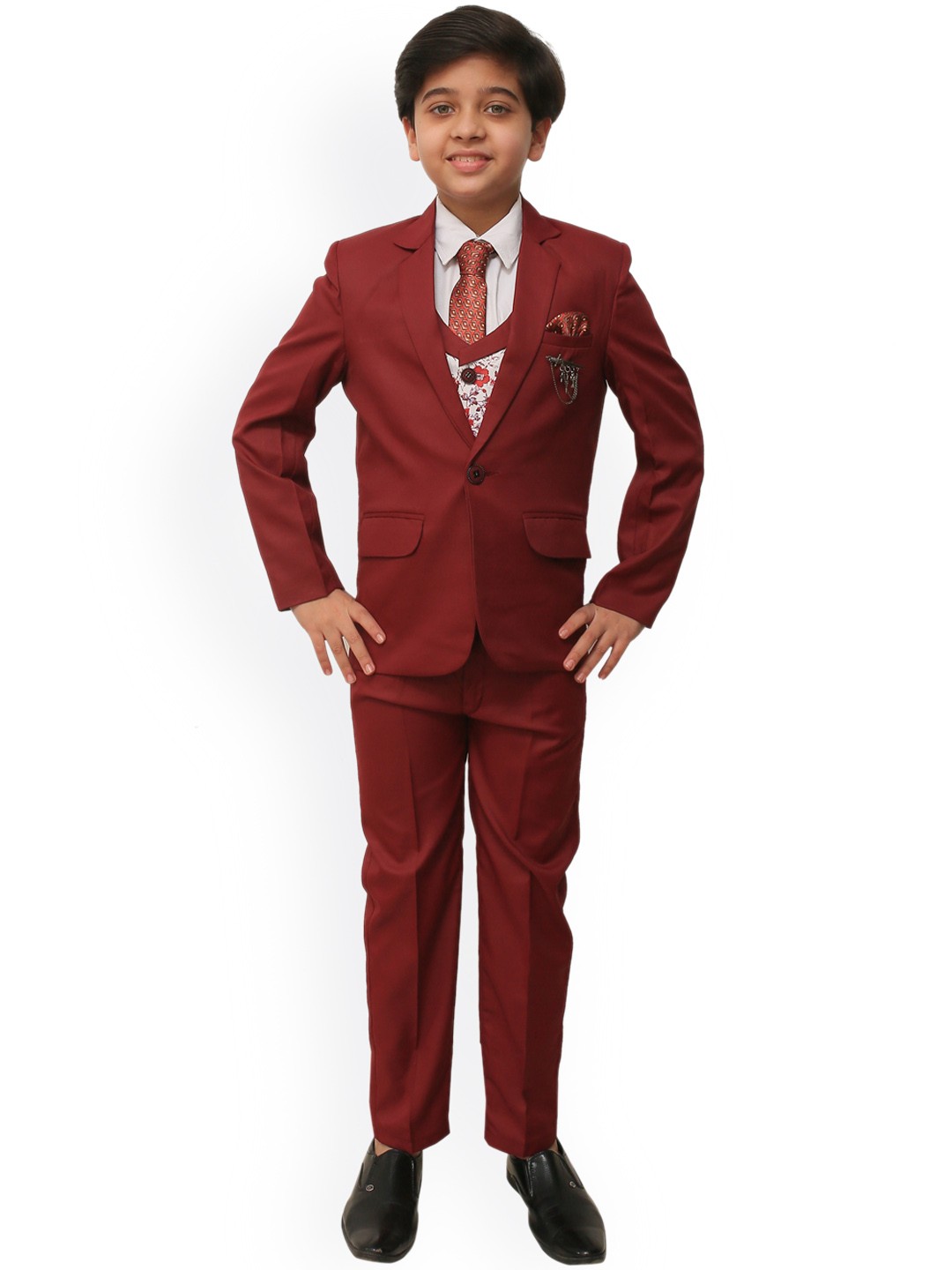 

ahhaaaa Boys Maroon Solid 5-Piece Single-Breasted Cotton Blend Partywear Suit
