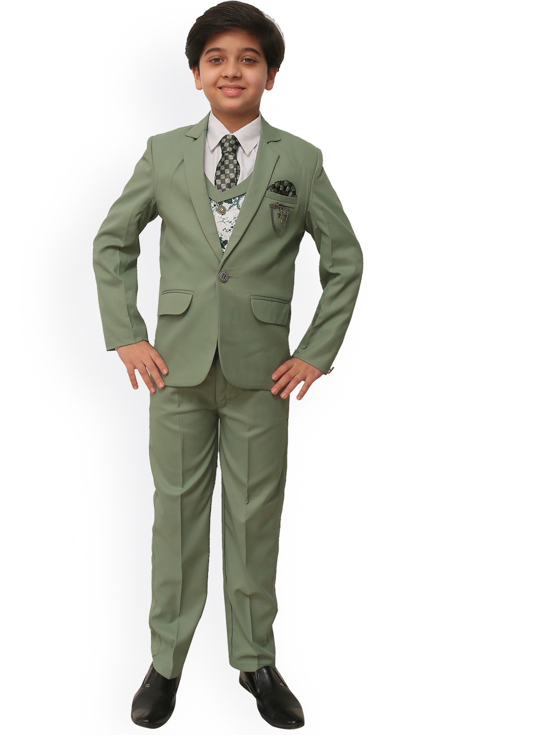 

ahhaaaa Boys Green & White Solid 5-Piece Single-Breasted Partywear Suit