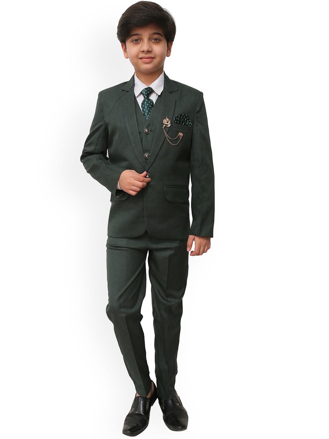 

ahhaaaa Boys Green & White Solid 5-Piece Single-Breasted Partywear Suit