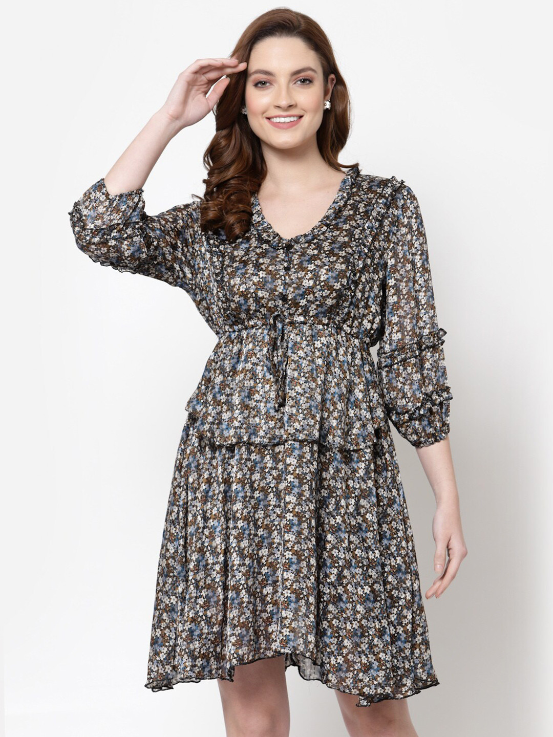 

Mafadeny Women Black & Blue Floral Georgette Dress
