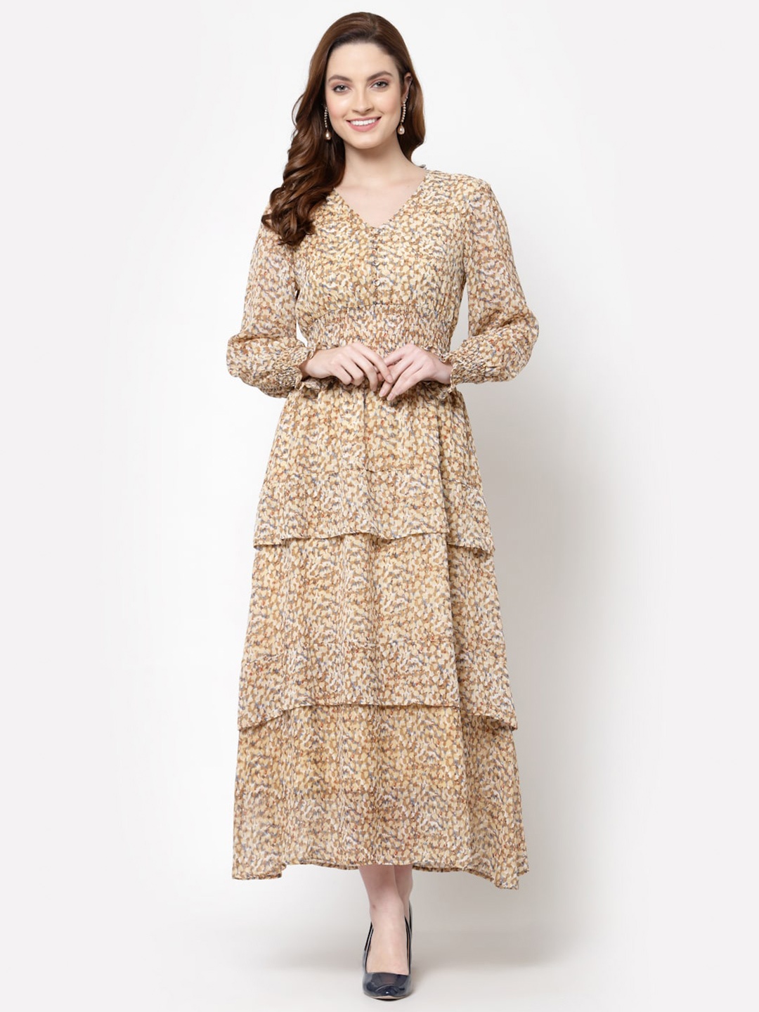 

Mafadeny Women Beige Floral Printed Georgette Maxi Dress