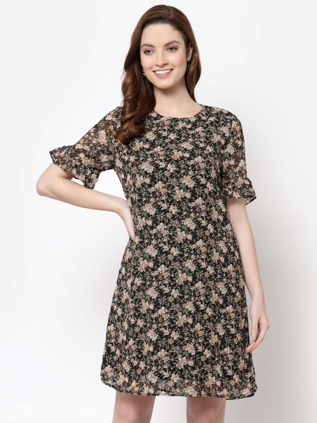 

Mafadeny Black Floral Georgette A-Line Dress