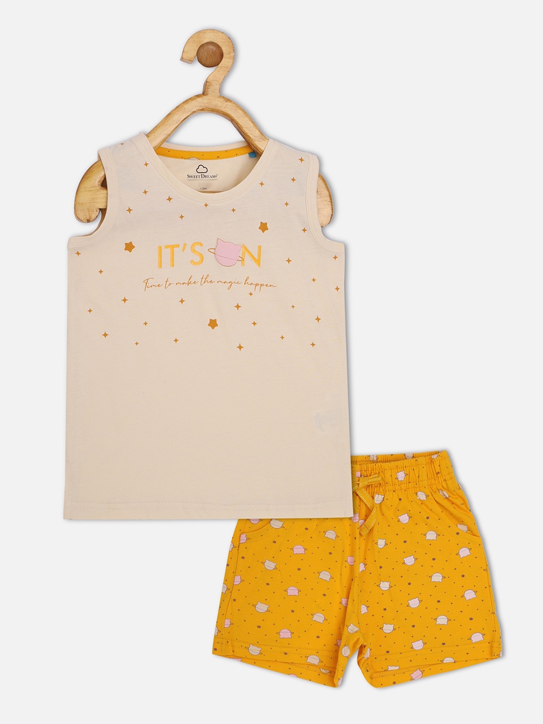 

Sweet Dreams Girls Beige & Mustard Printed Night suit