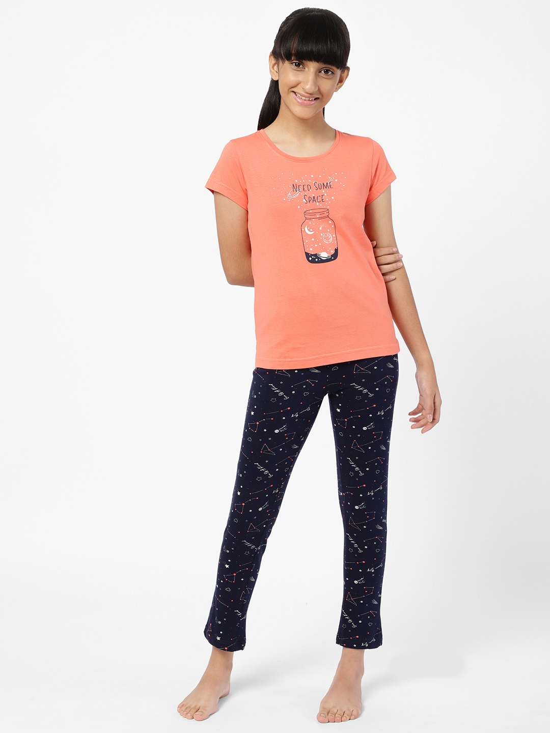 

Sweet Dreams Girls Orange & Black Printed Cotton Night suit