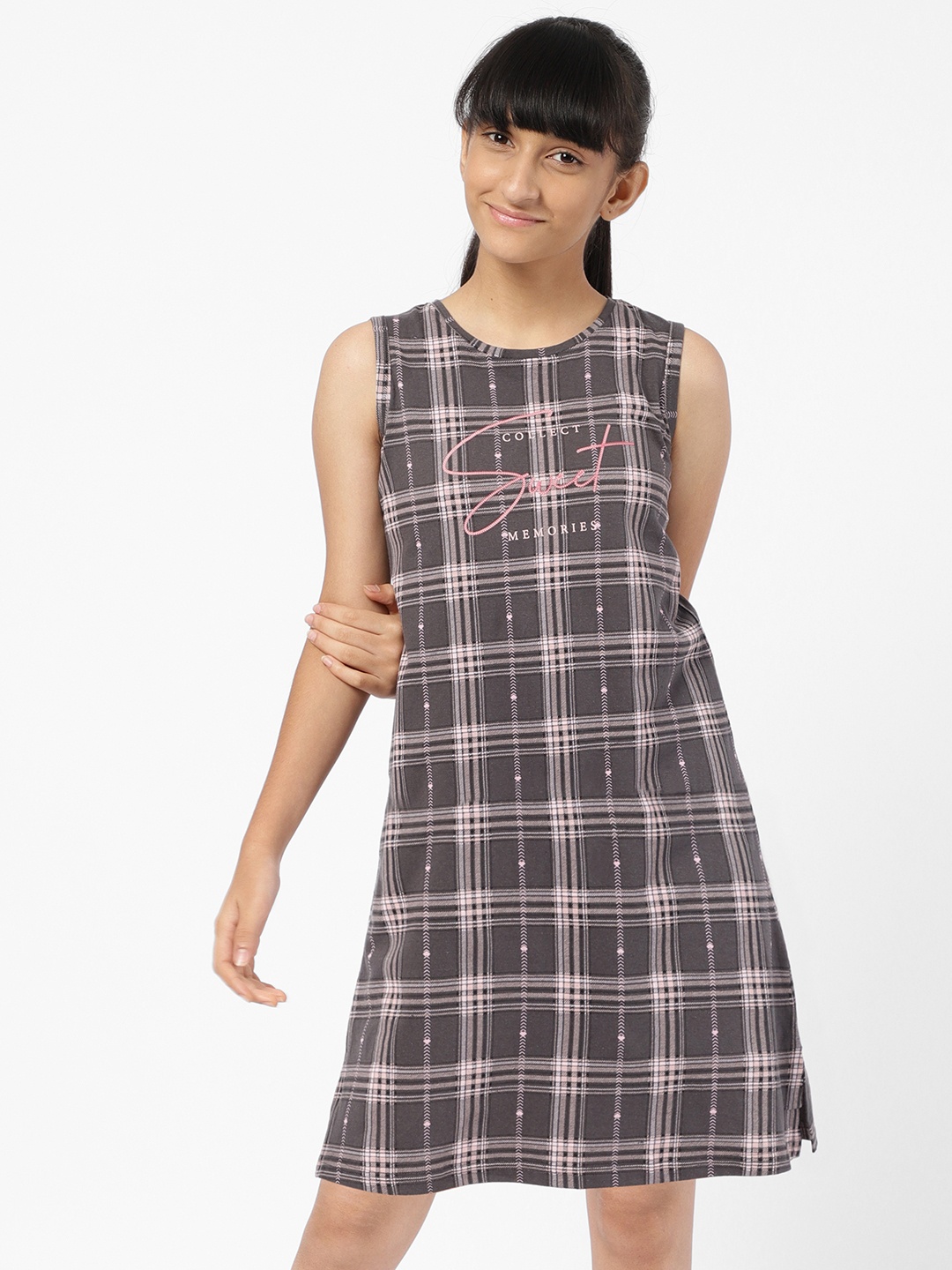 

Sweet Dreams Girls Grey Checked Pure Cotton Nightdress