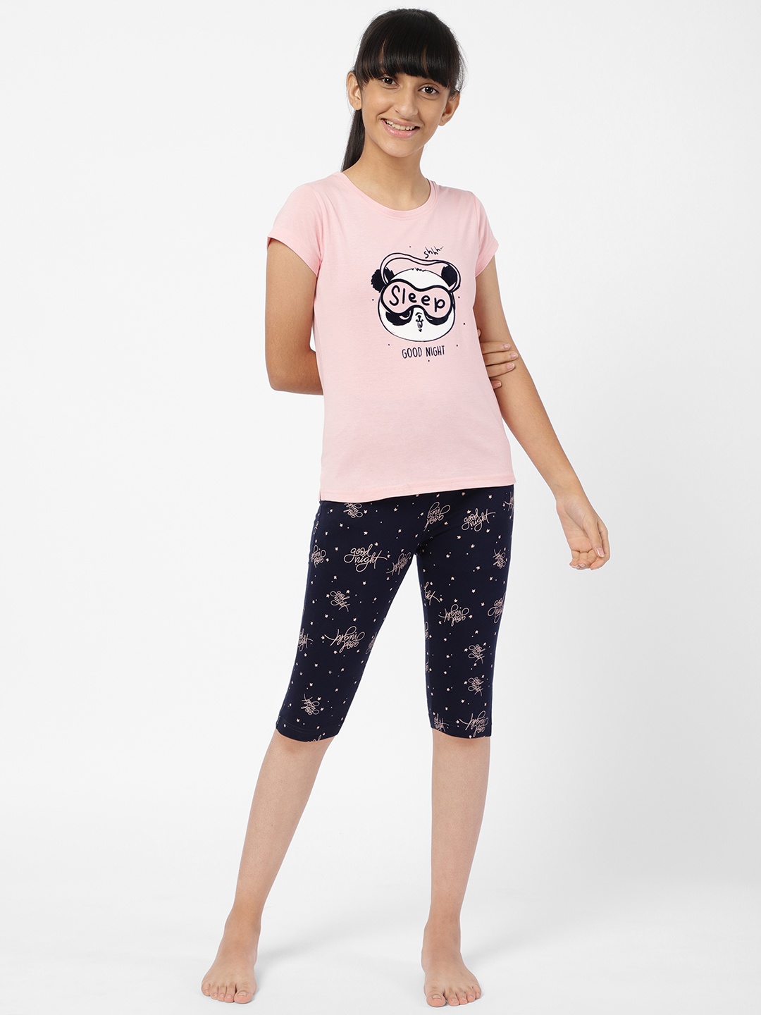 

Sweet Dreams Girls Pink & Black Printed Pure Cotton Night suit