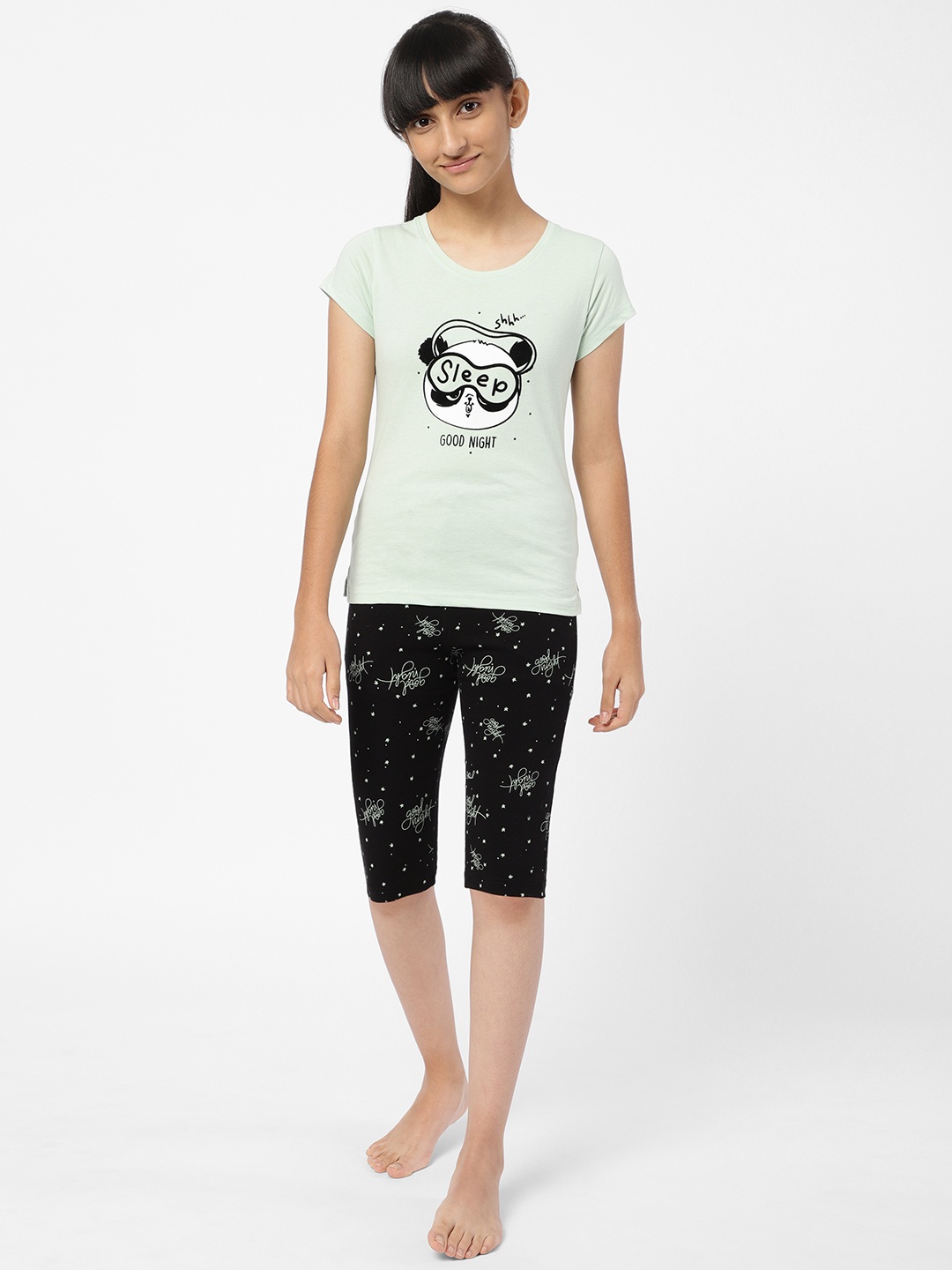 

Sweet Dreams Girls Green & Black Printed Cotton Night suit
