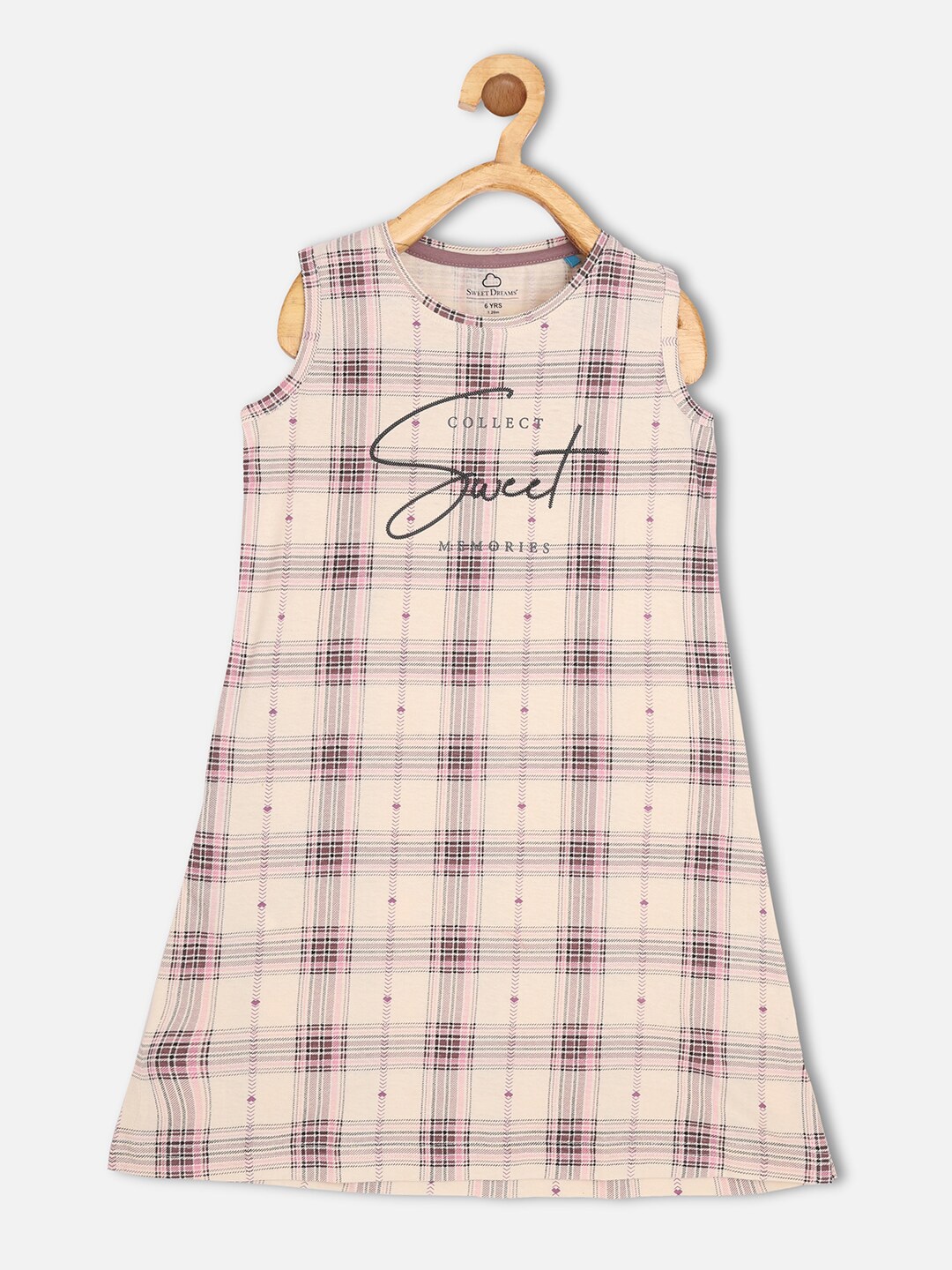 

Sweet Dreams Girls Beige Checked Cotton Nightdress