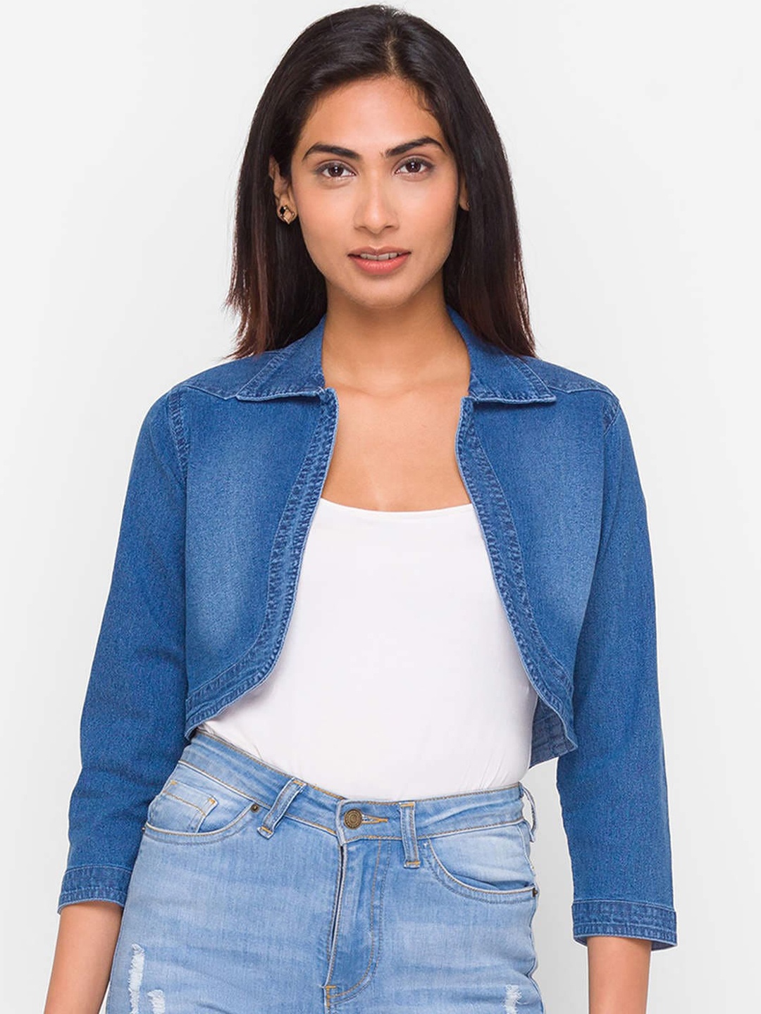 

ZOLA Women Solid Crop Shirt Collar Jacket, Blue