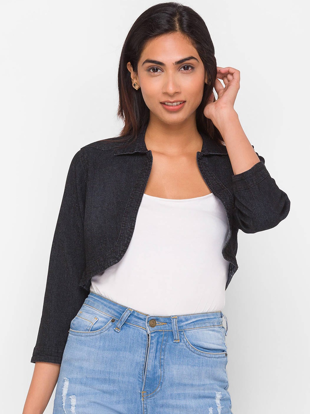

ZOLA Women Solid Crop Shirt Collar Jacket, Black