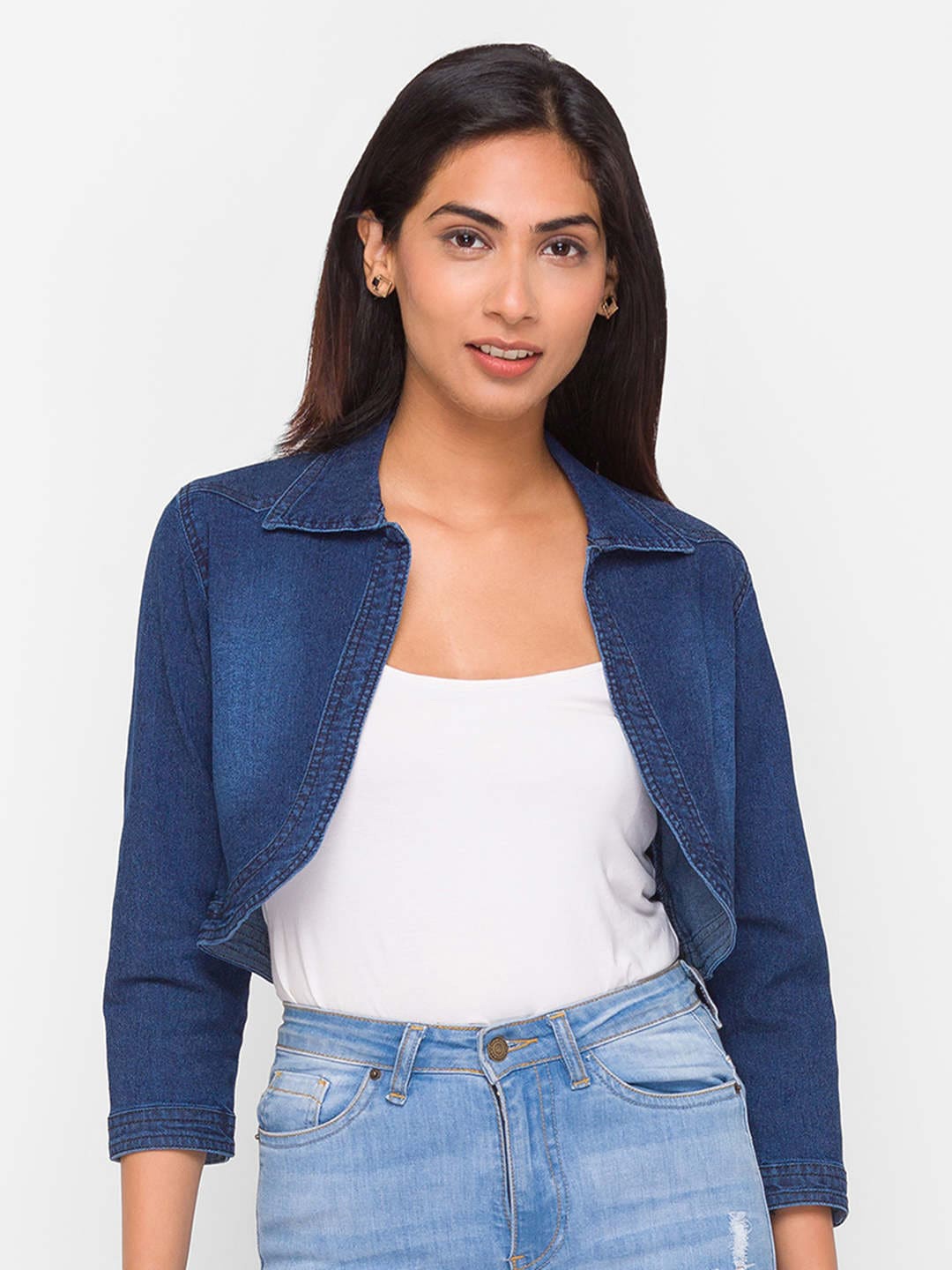 

ZOLA Women Solid Crop Shirt Collar Jacket, Blue