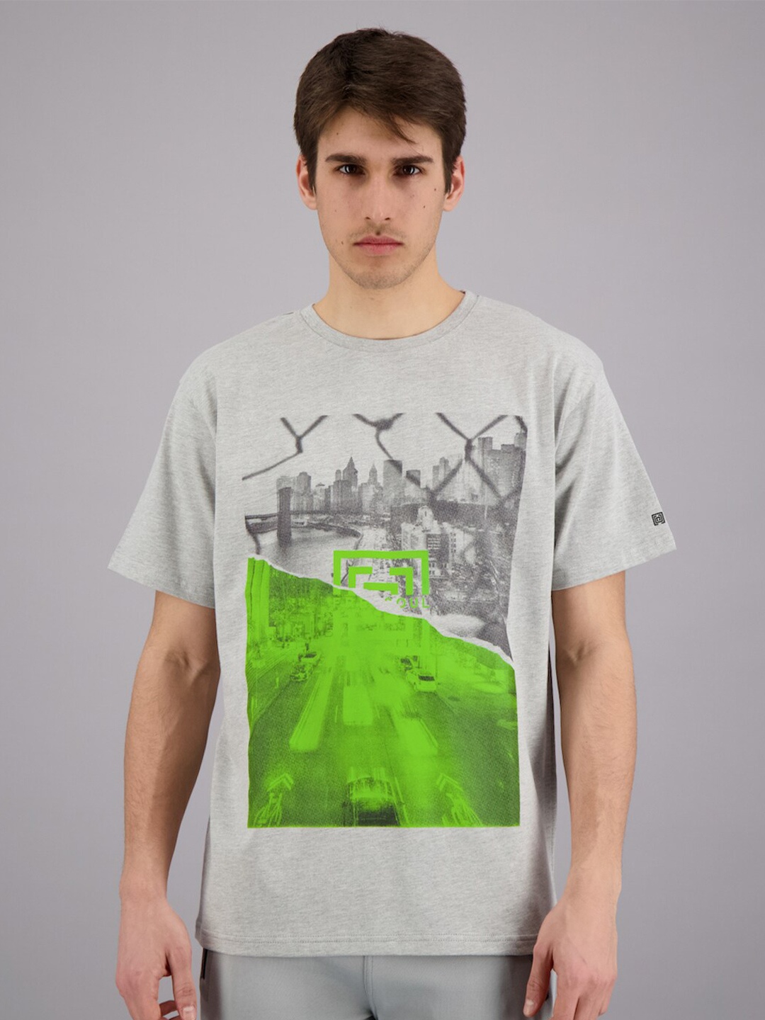 

FREESOUL Men Grey Melange Printed T-shirt