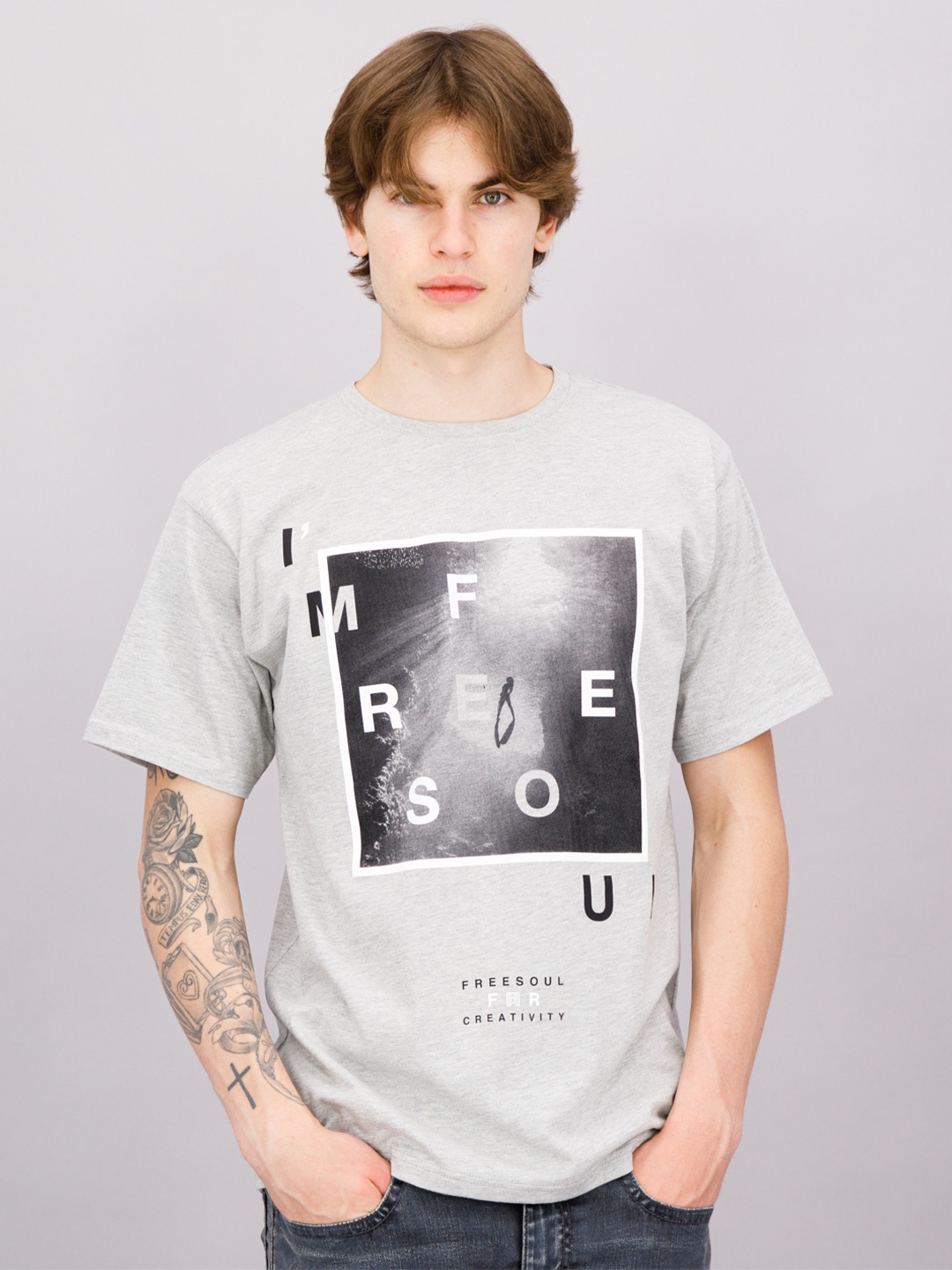 

FREESOUL Men Grey Melange Printed T-shirt