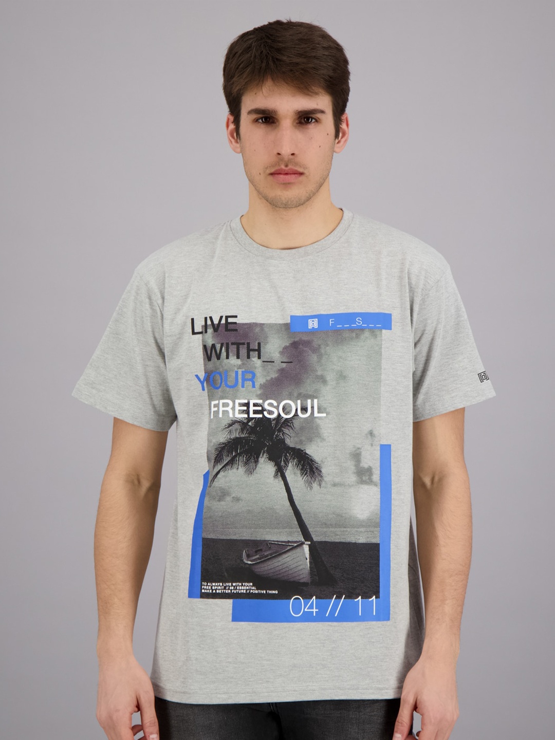 

FREESOUL Men Grey Melange Printed T-shirt