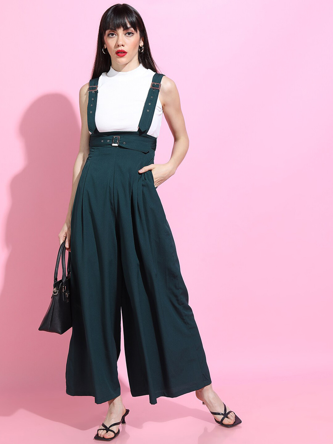 

Tokyo Talkies Women Green Flared High-Rise Pleated Parallel Trousers With Suspender