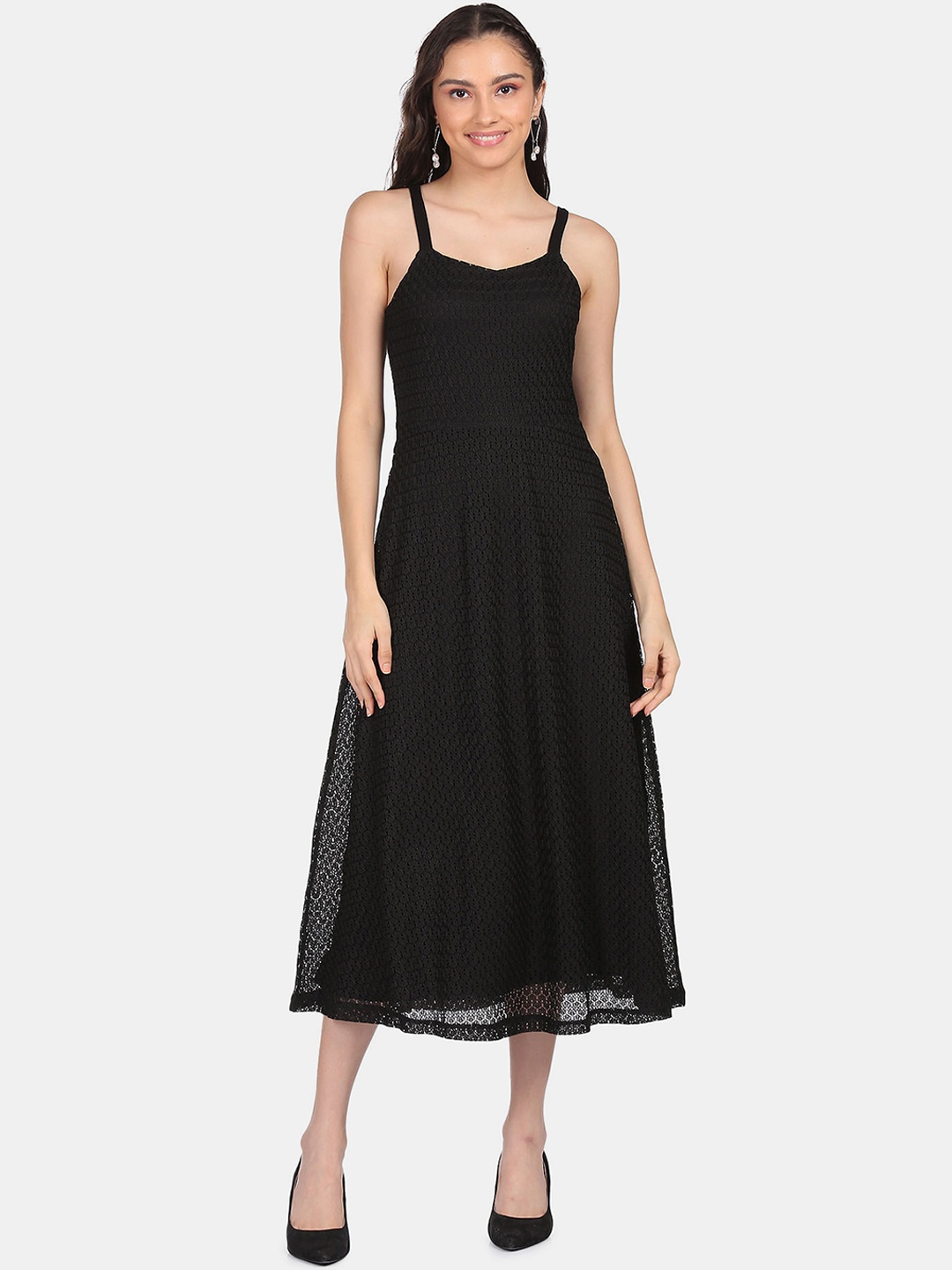 

Sugr Women Black Self Design Fit And Flare Midi Dress