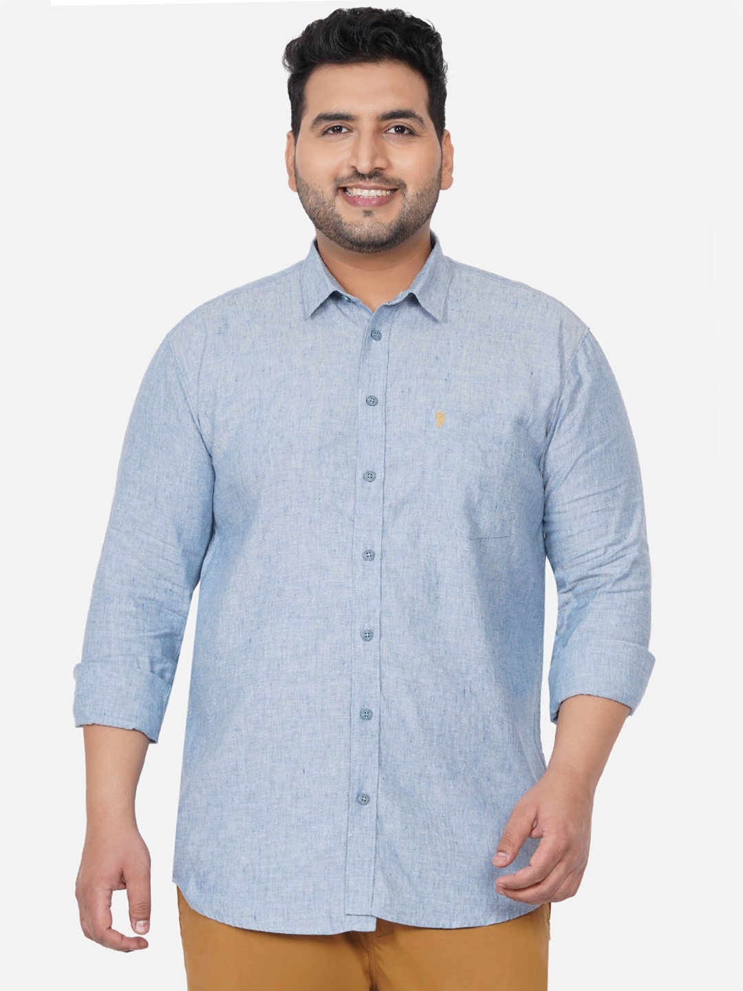 

John Pride Men Blue Woven Design Linen Plus Size Casual Shirt