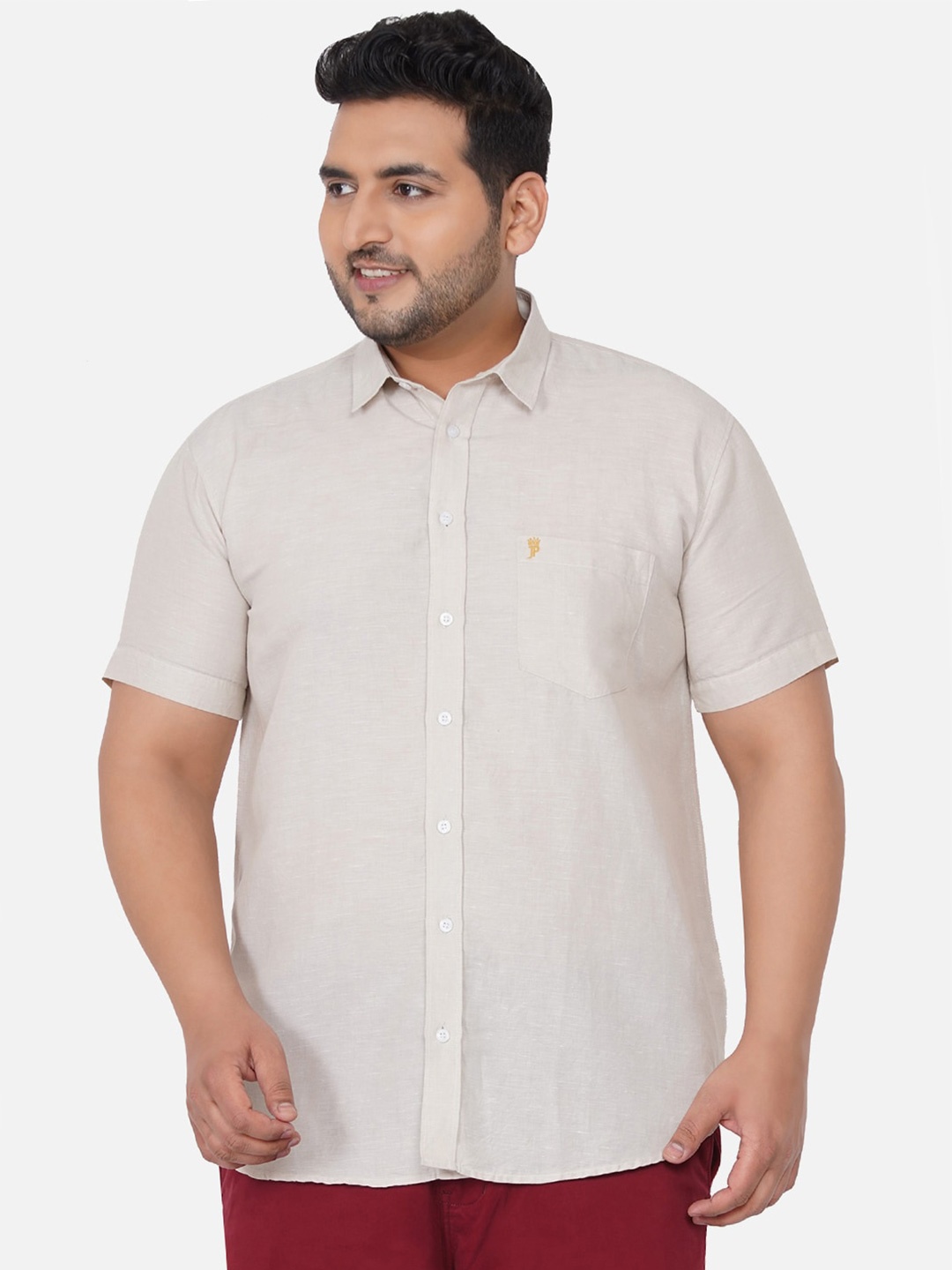 

John Pride Men Plus Size Beige Regular Fit Linen Plus Size Casual Shirt