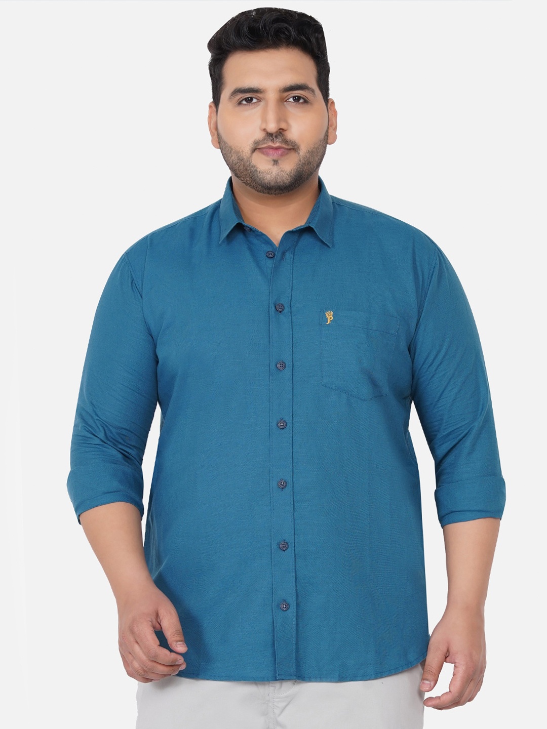 

John Pride Men Plus Size Turquoise Blue Regular Fit Linen Plus Size Casual Shirt
