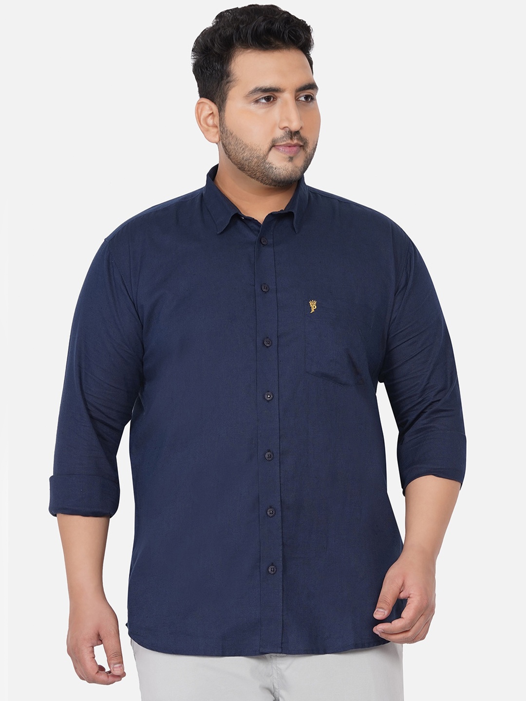 

John Pride Men Navy Blue Solid Linen Cotton Plus Size Casual Shirt