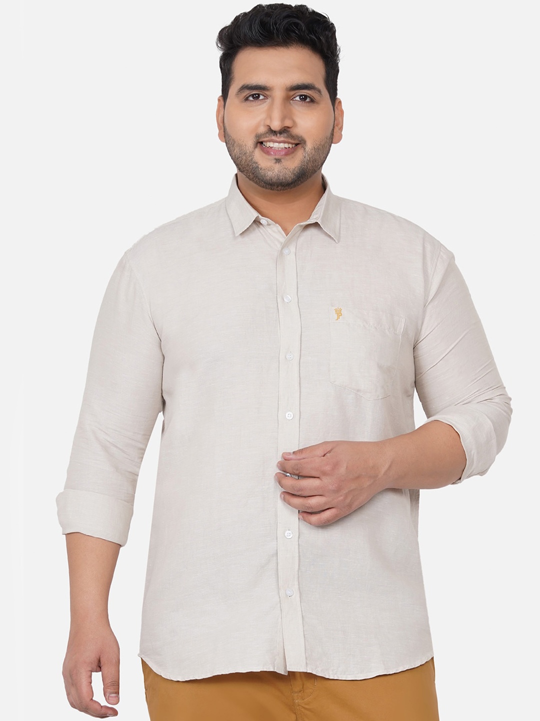 

John Pride Plus Size Men Linen Beige Casual Shirt