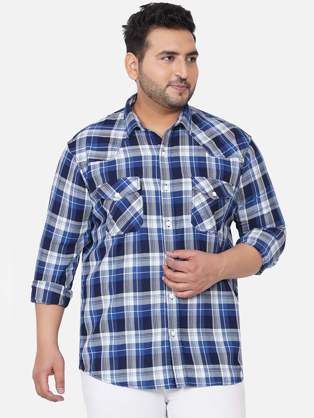 

John Pride Plus Size Men Navy Blue & White Tartan Checked Casual Shirt