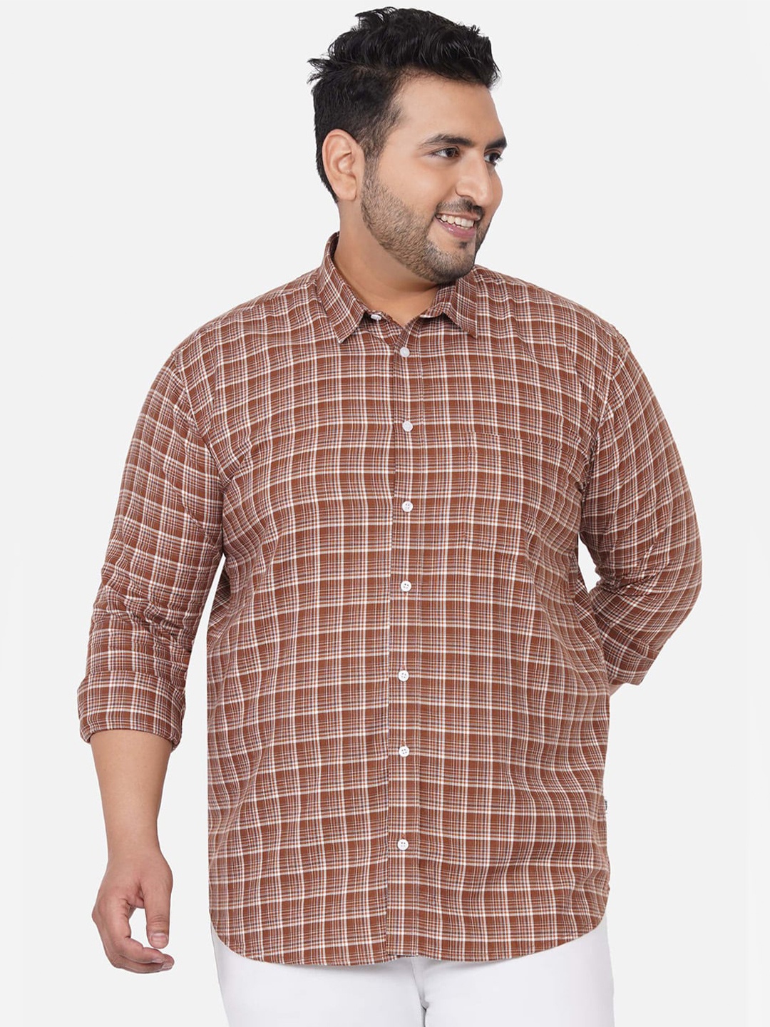 

John Pride Plus Size Men Rust & Cream Checked Casual Shirt