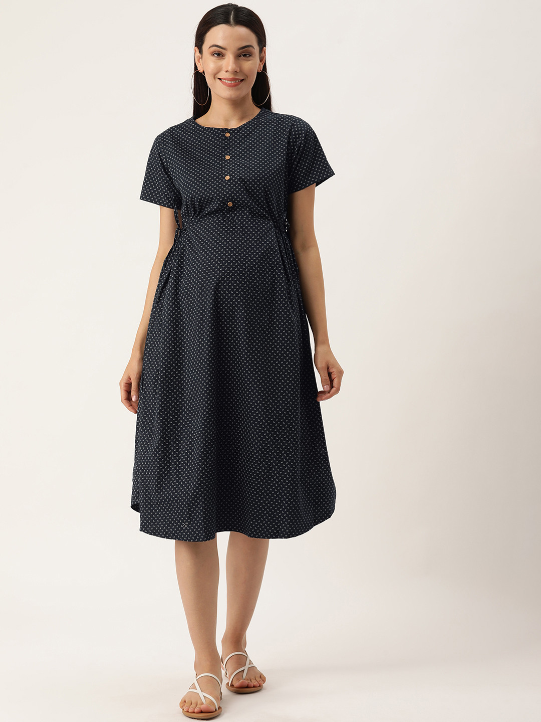 

Nejo Women Navy Blue Ethnic Motifs Printed Pure Cotton Maternity A-Line Dress