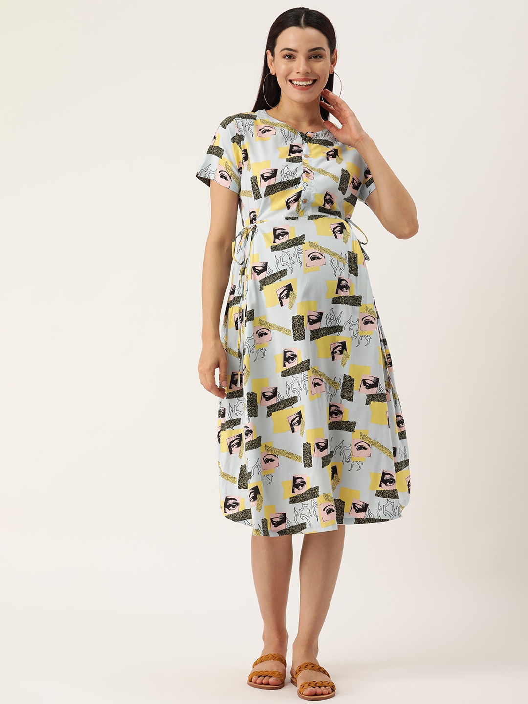 

Nejo Women Blue & Yellow Conversational Printed Maternity A-Line Midi Dress